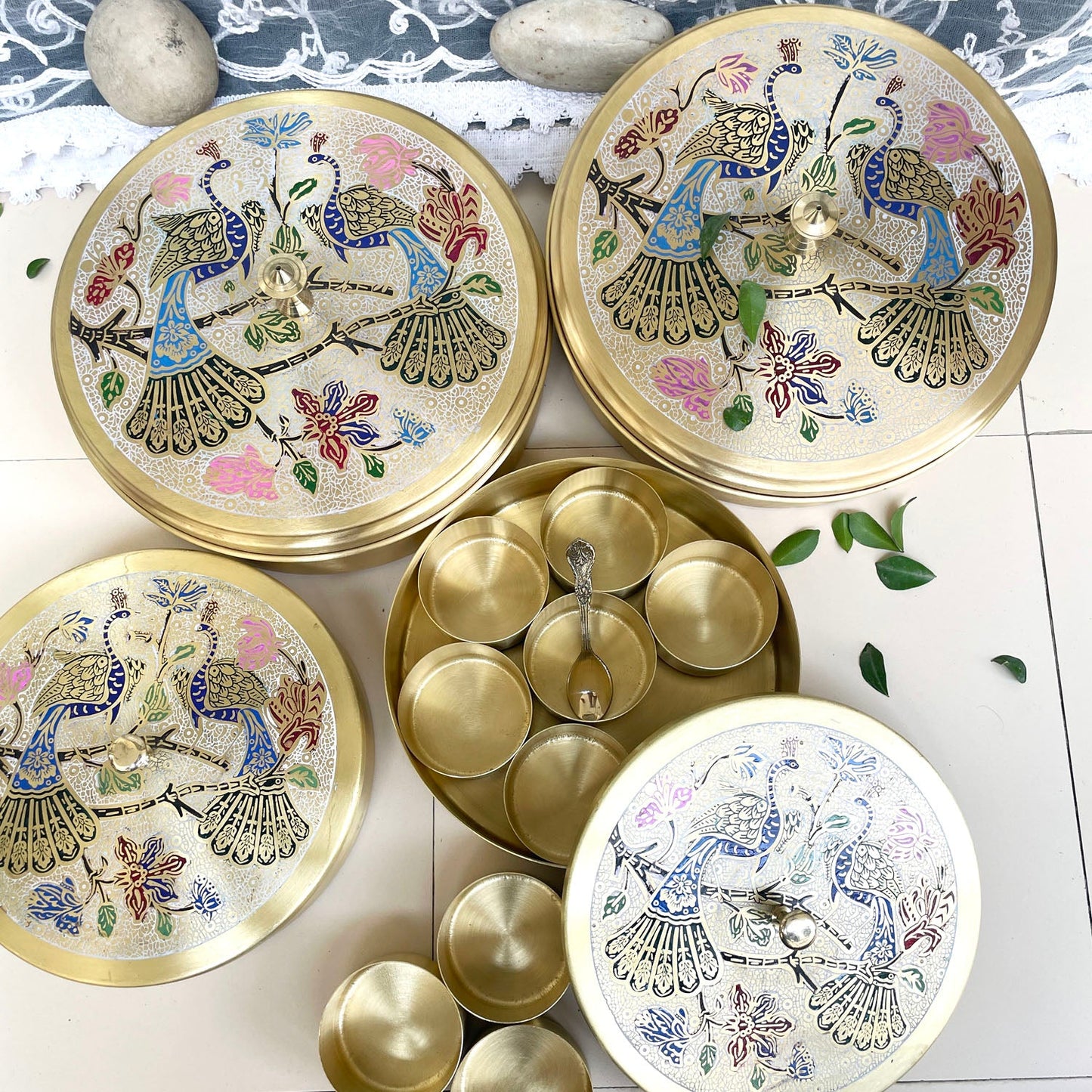 Handcrafted Brass Spice Box | Elegant Etched Peacock Design | 7 & 9 Inch Sizes | 7 Compartments & 1 Spoon