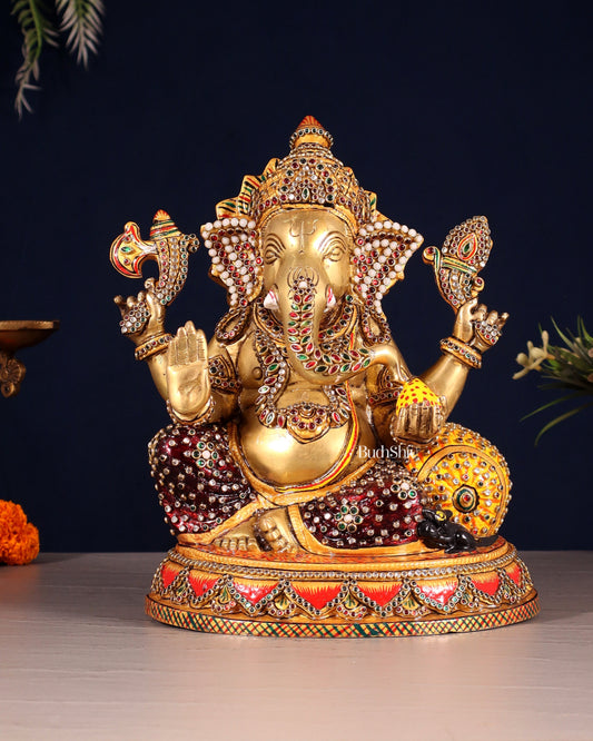 Unique Brass Lord Ganesha Decorated with Laakh Meenakari 9.5"