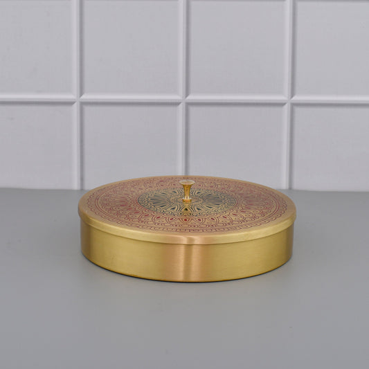 8" Brass Masala Box / Spice Box with Spoon - Red Mandala