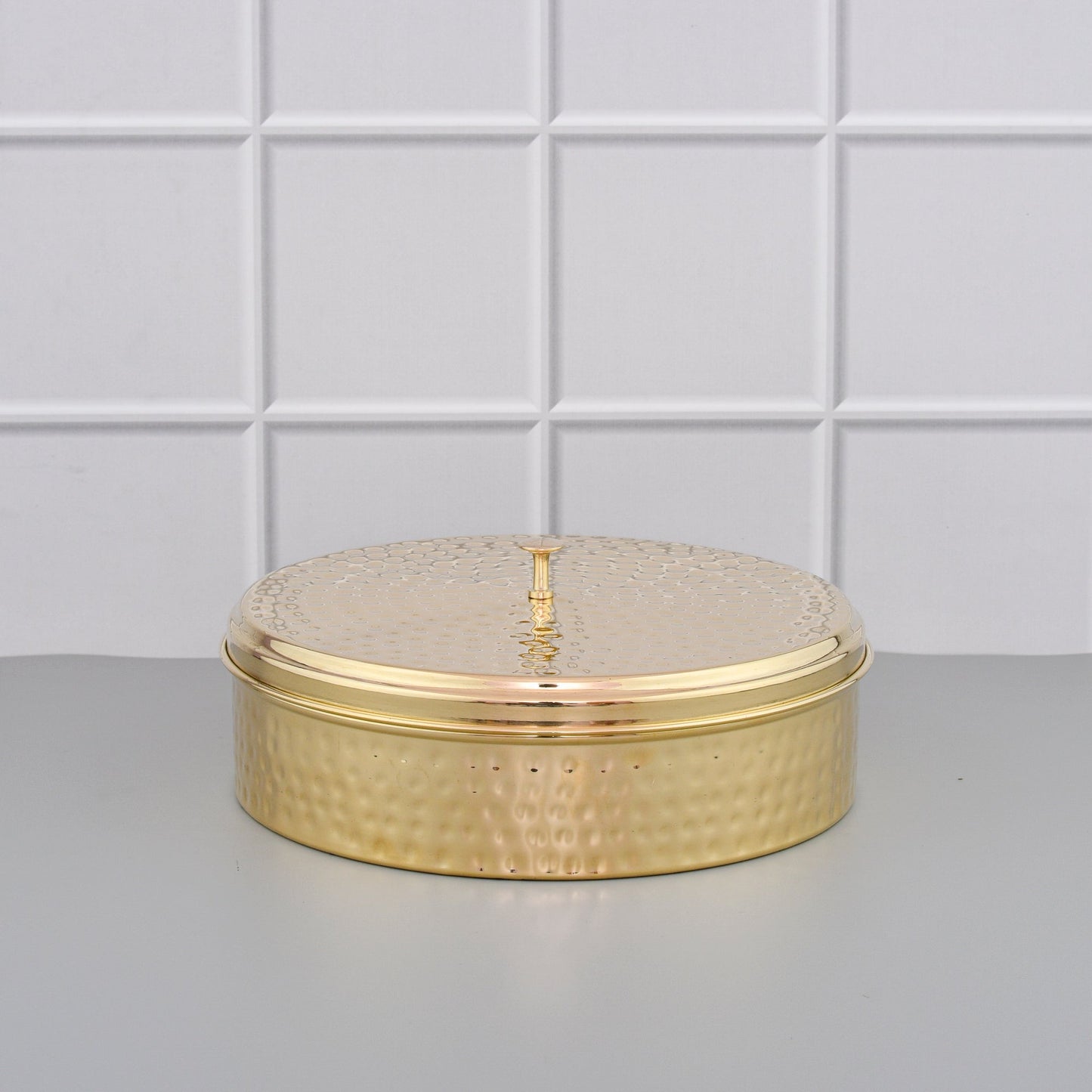 9" Brass Masala Box / Spice Organizer Box with Spoon - Shiny Hammered