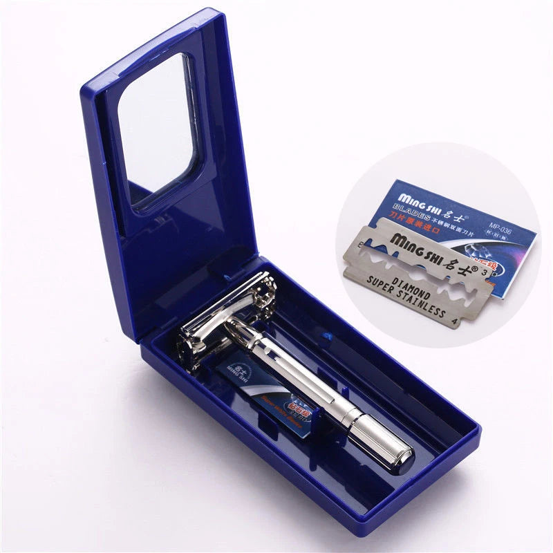 Premium Men's Classic Safety Razor Set – Folding Double Edge Shaver with 5 Titanium-Coated Blades | Professional Barber Tool for Face & Body