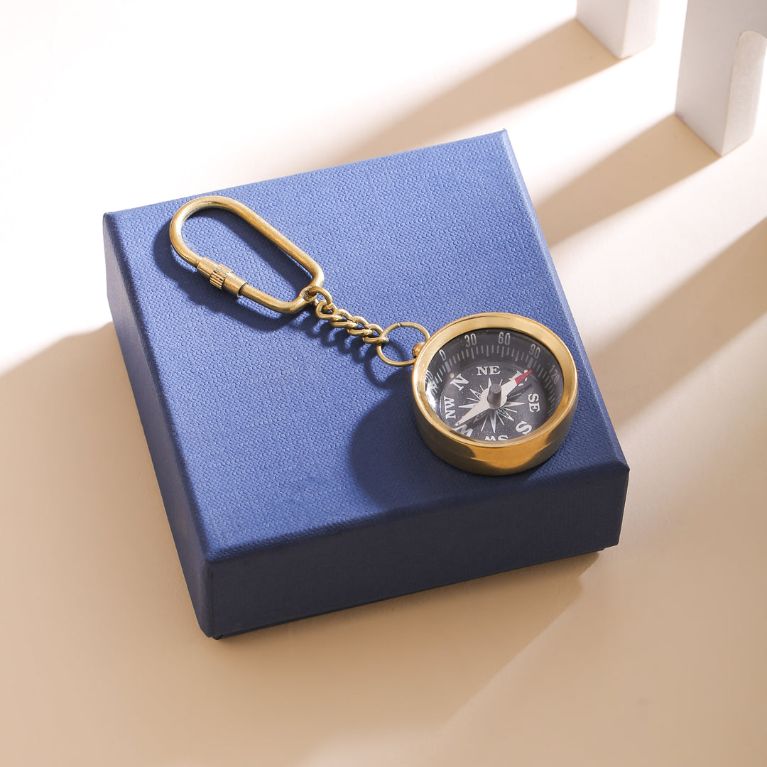 Brass Compass Keychain With Box