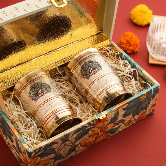 Brass Hand Painted Glass Set of 2 – Luxury Gift Box, Premium Brassware for Corporate & Personal Gifting