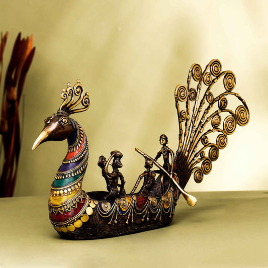 Brass Dhokra Peacock Five Men Boat (13 Inch)