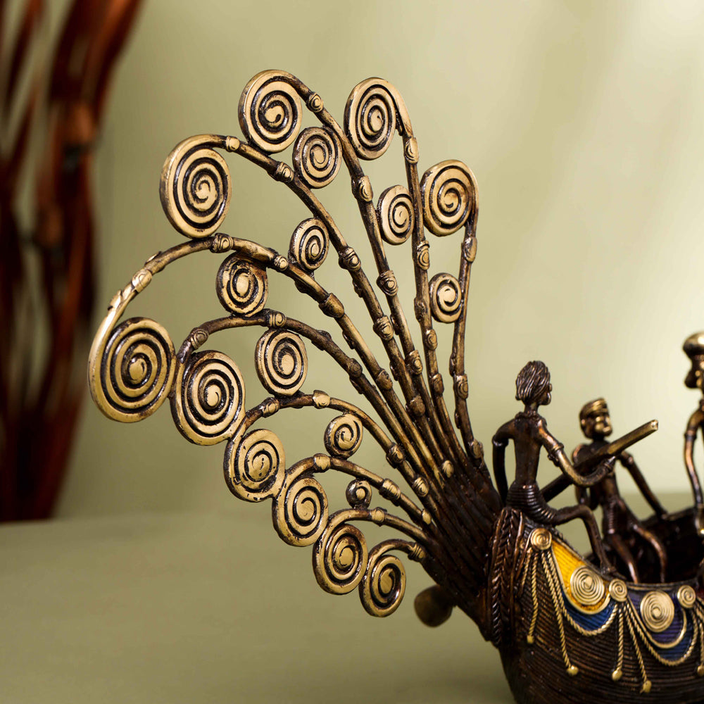 Brass Dhokra Peacock Five Men Boat (13 Inch)