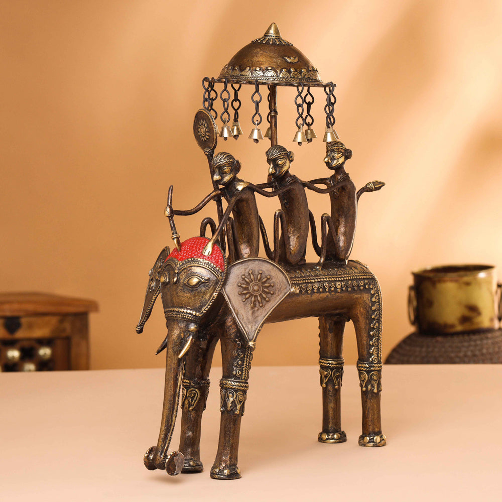 Brass Dhokra Three Monkey Elephant Statue (17.5 Inch)
