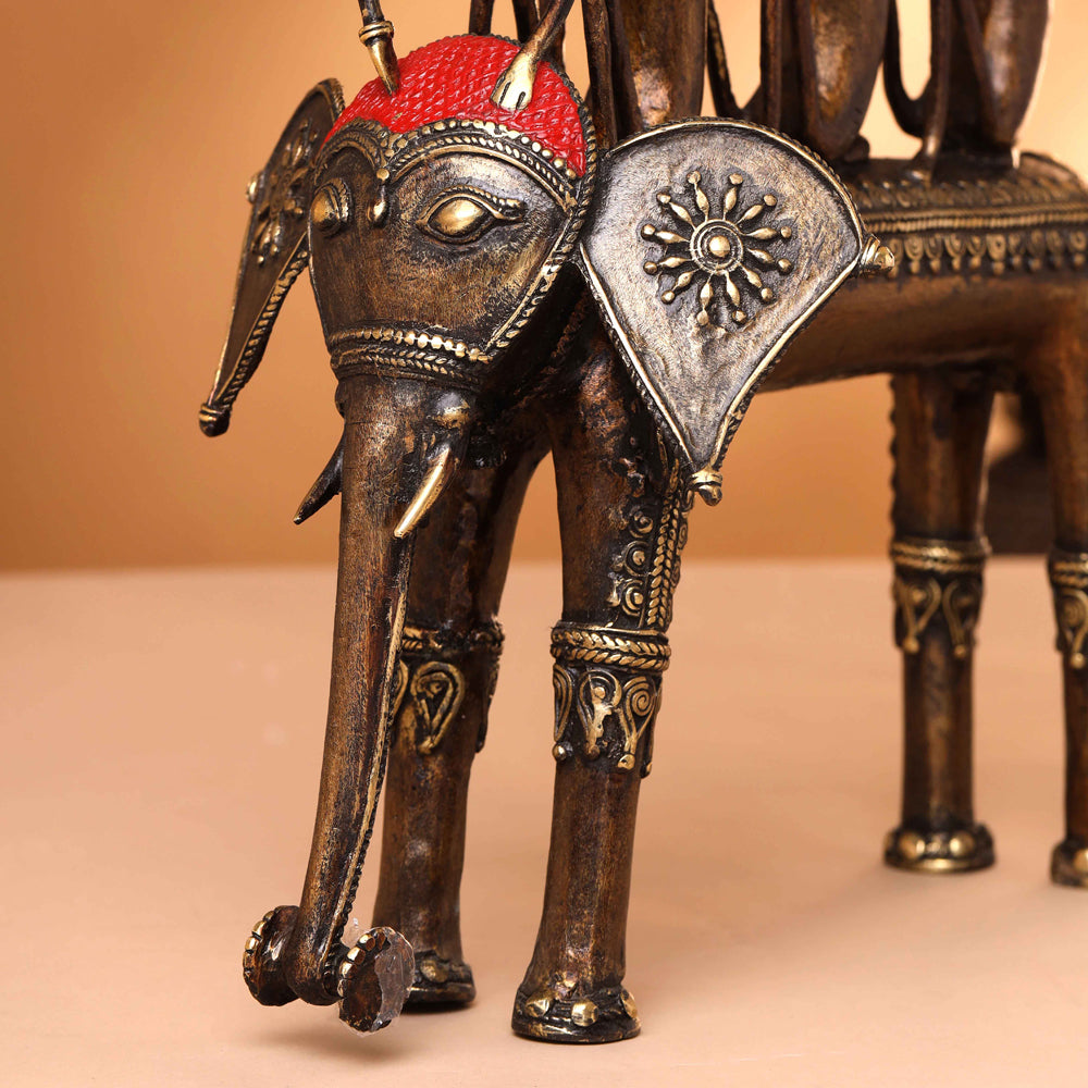 Brass Dhokra Three Monkey Elephant Statue (17.5 Inch)