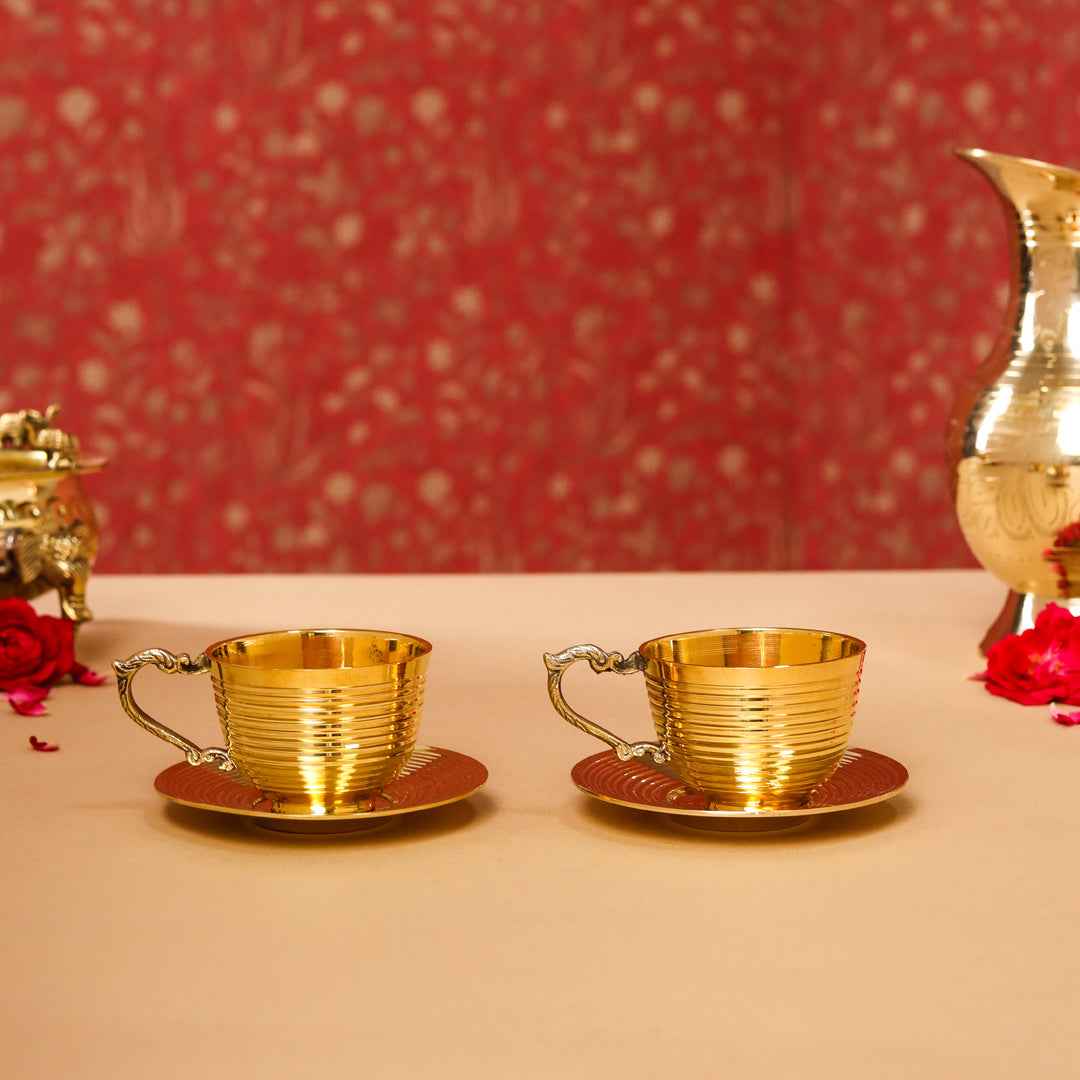 Handcrafted Brass Tea Cups with Saucers – 2-Piece Set | 150 ML | Artisan Dining Tableware