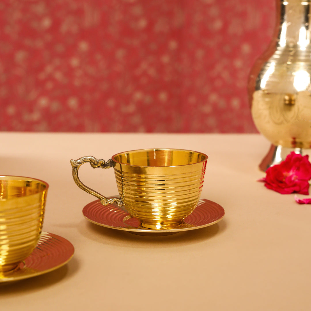 Handcrafted Brass Tea Cups with Saucers – 2-Piece Set | 150 ML | Artisan Dining Tableware