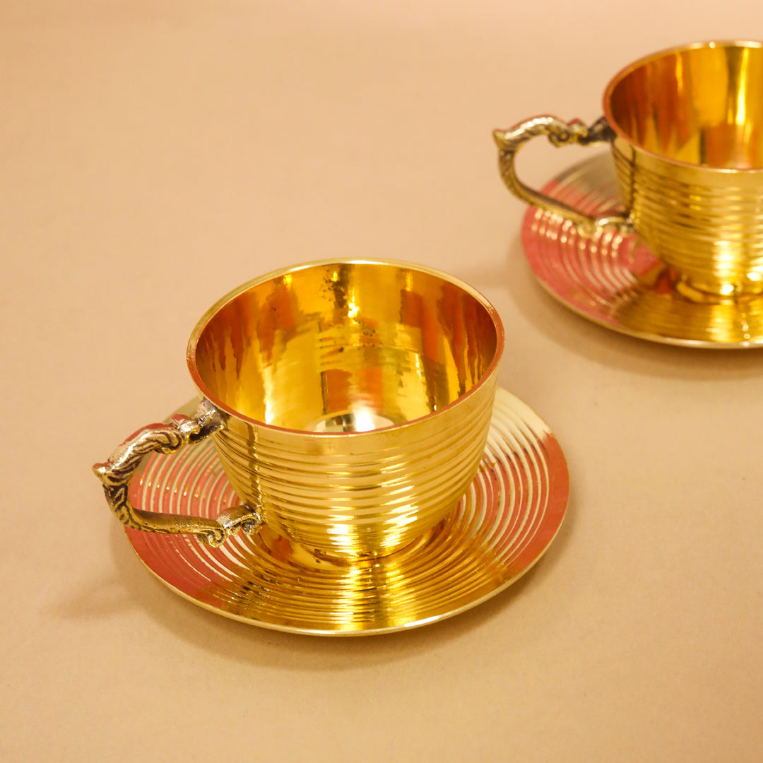 Handcrafted Brass Tea Cups with Saucers – 2-Piece Set | 150 ML | Artisan Dining Tableware