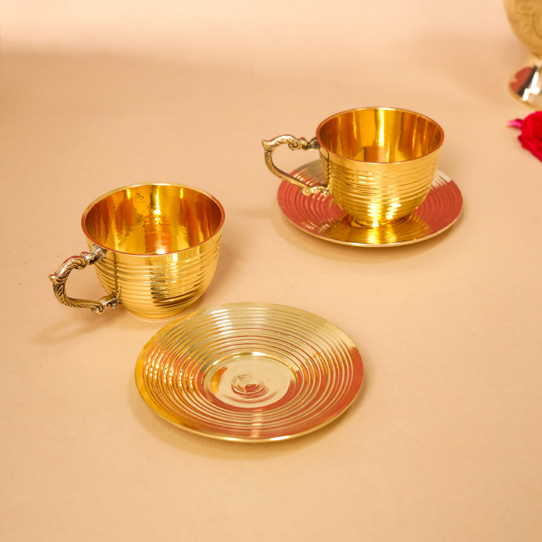 Handcrafted Brass Tea Cups with Saucers – 2-Piece Set | 150 ML | Artisan Dining Tableware