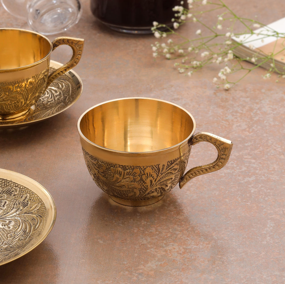Handcrafted Brass Tea Cups with Saucers – 5 Inch | Traditional Indian Brass Drinkware, 2 Sets