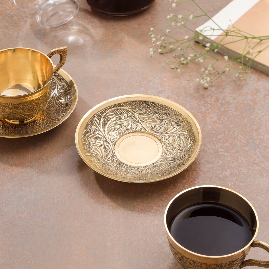 Handcrafted Brass Tea Cups with Saucers – 5 Inch | Traditional Indian Brass Drinkware, 2 Sets