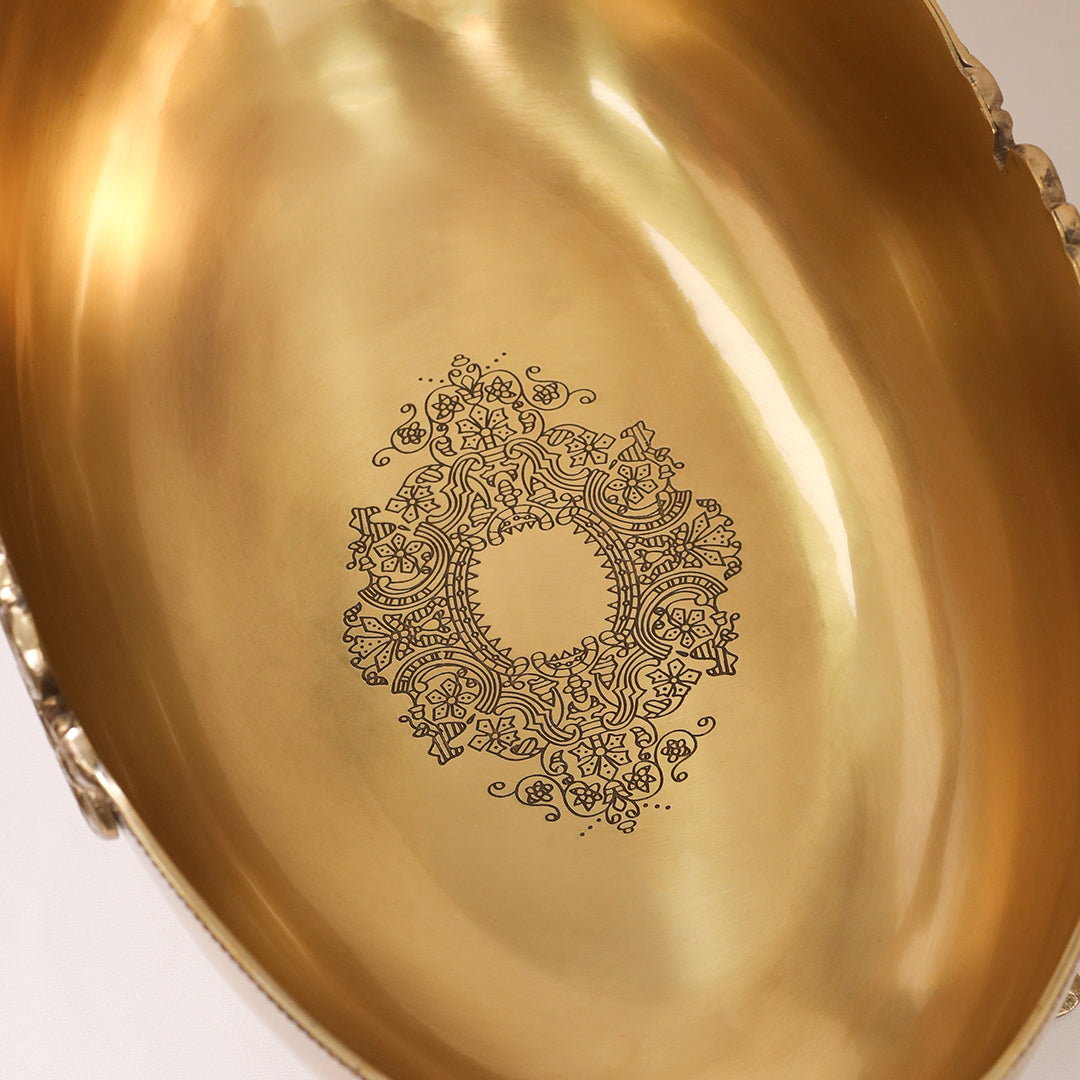 Brass Bowl Embossed Design With Decorative Style Handle (16 Inch)