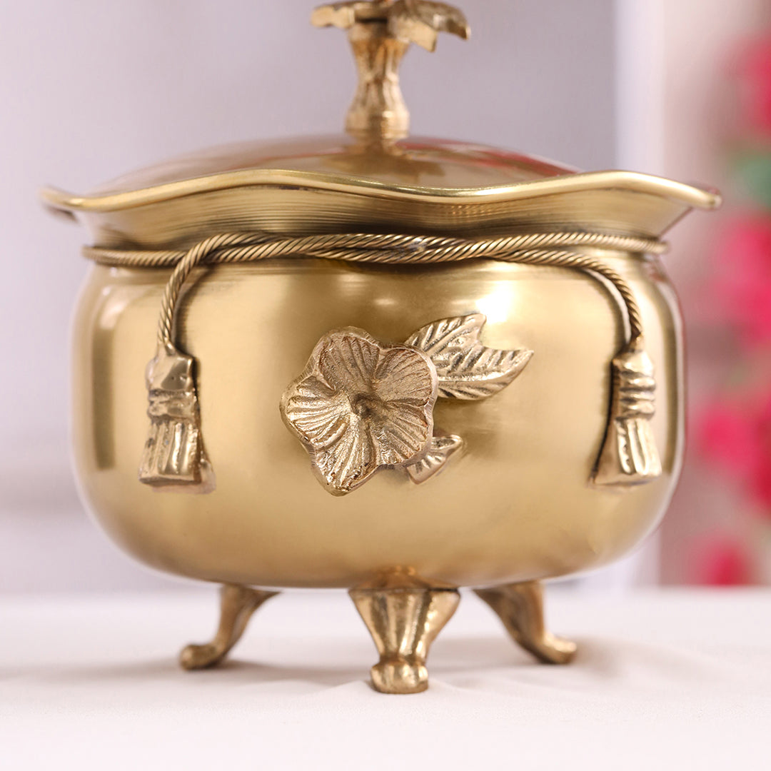 Brass Decorative Handi with Lid Neck Ribbon Bow Design (6 Inch)