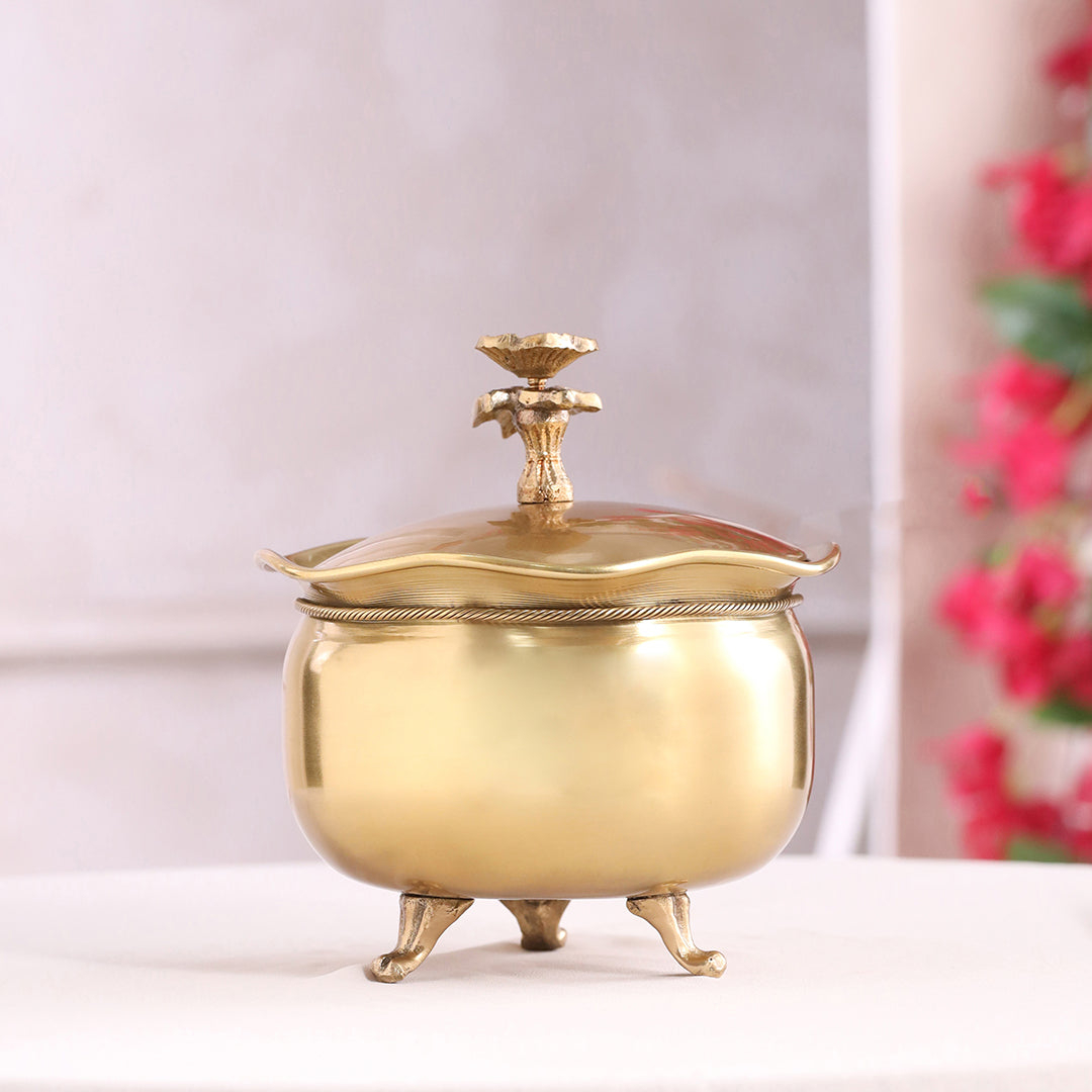 Brass Decorative Handi with Lid Neck Ribbon Bow Design (6 Inch)