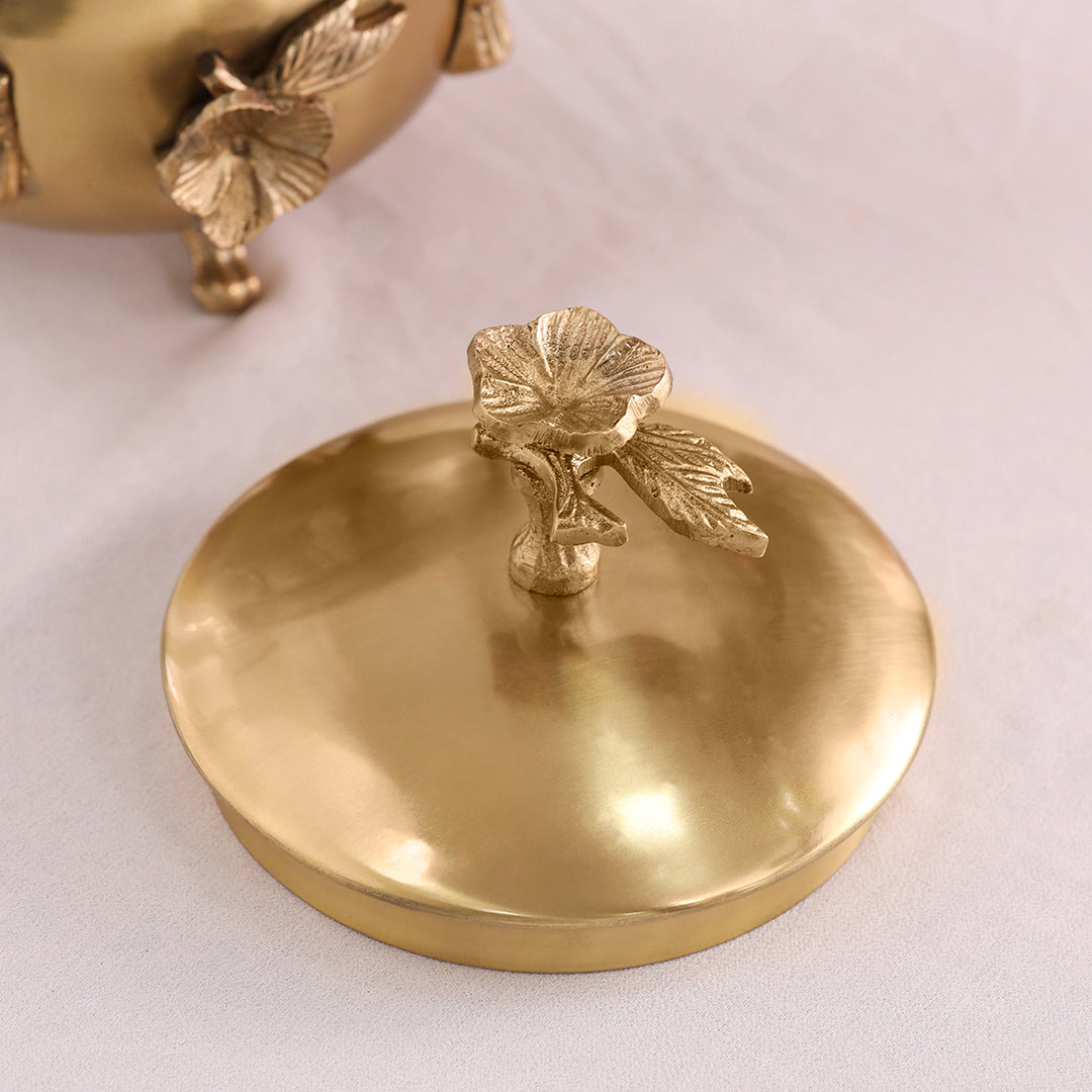 Brass Decorative Handi with Lid Neck Ribbon Bow Design (6 Inch)