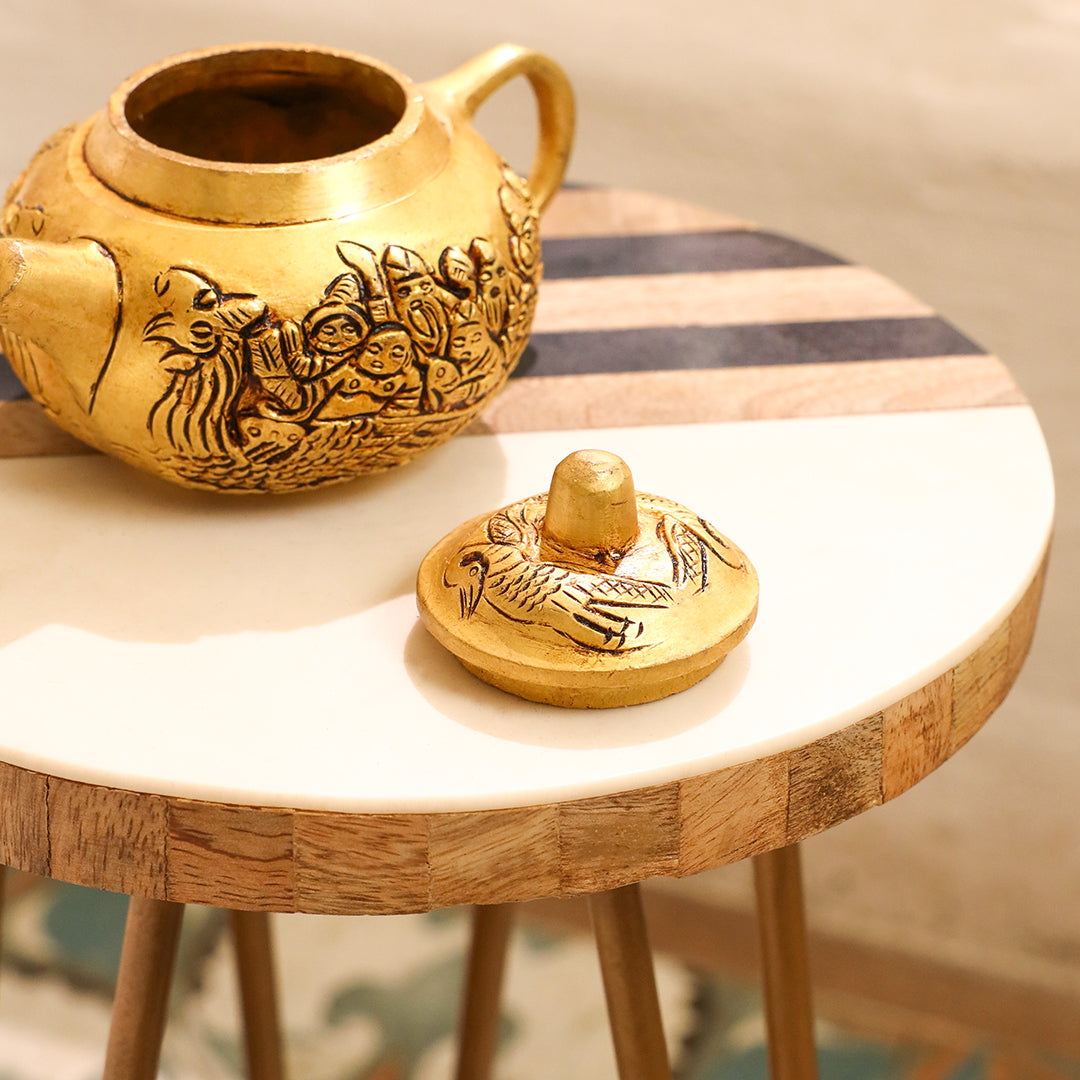 Handcrafted Brass Tea Kettle with Engraved Village Scene – Decorative Antique Patina