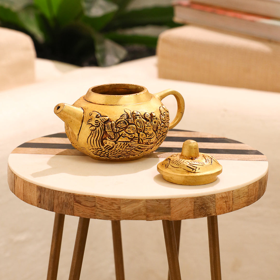 Handcrafted Brass Tea Kettle with Engraved Village Scene – Decorative Antique Patina