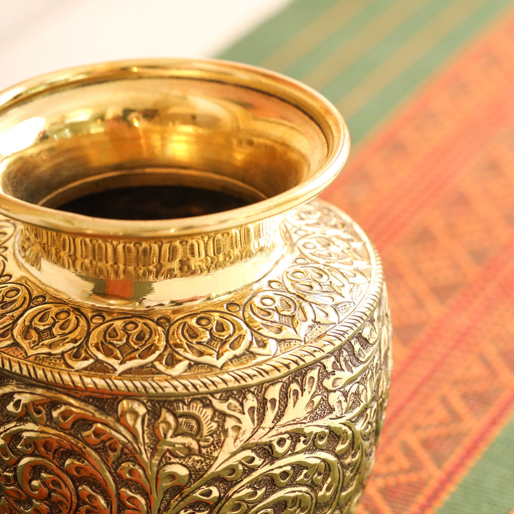 Brass Decorative Pot / Kalash Intricately Engraved Floral Design