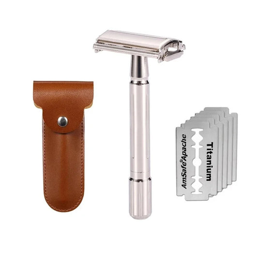 Premium Men's Classic Safety Razor Set – Folding Double Edge Shaver with 5 Titanium-Coated Blades | Professional Barber Tool for Face & Body