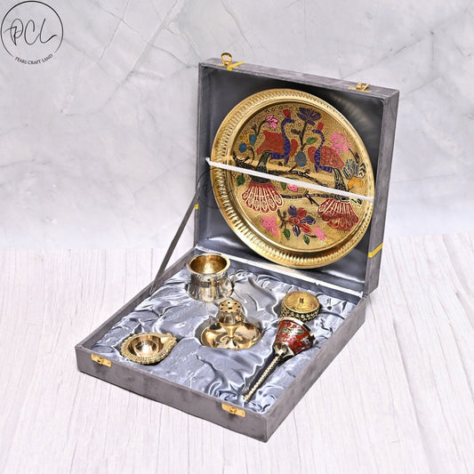 Exclusive Brass Pooja Thali Set With Peacock Hand Painted Design in Gift Box (Set of 6 Pcs)