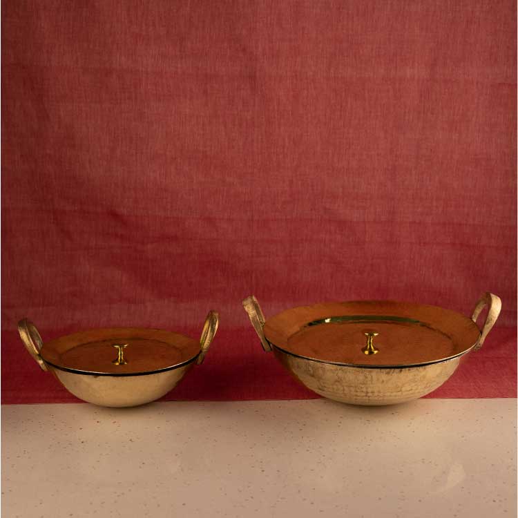 sama homes set of 3 brass kadhais 1l round base 3l round base 3l flat base