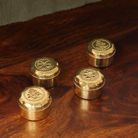 Brass Sindoor Dibbi Round Set Of 4 | Haldi Kumkum box for gifting