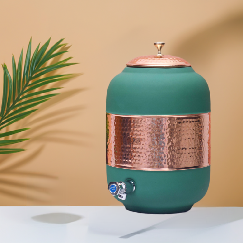 Pure Copper Silk Green Half Hammered Water Dispenser (Matka) Capacity 8000ML
