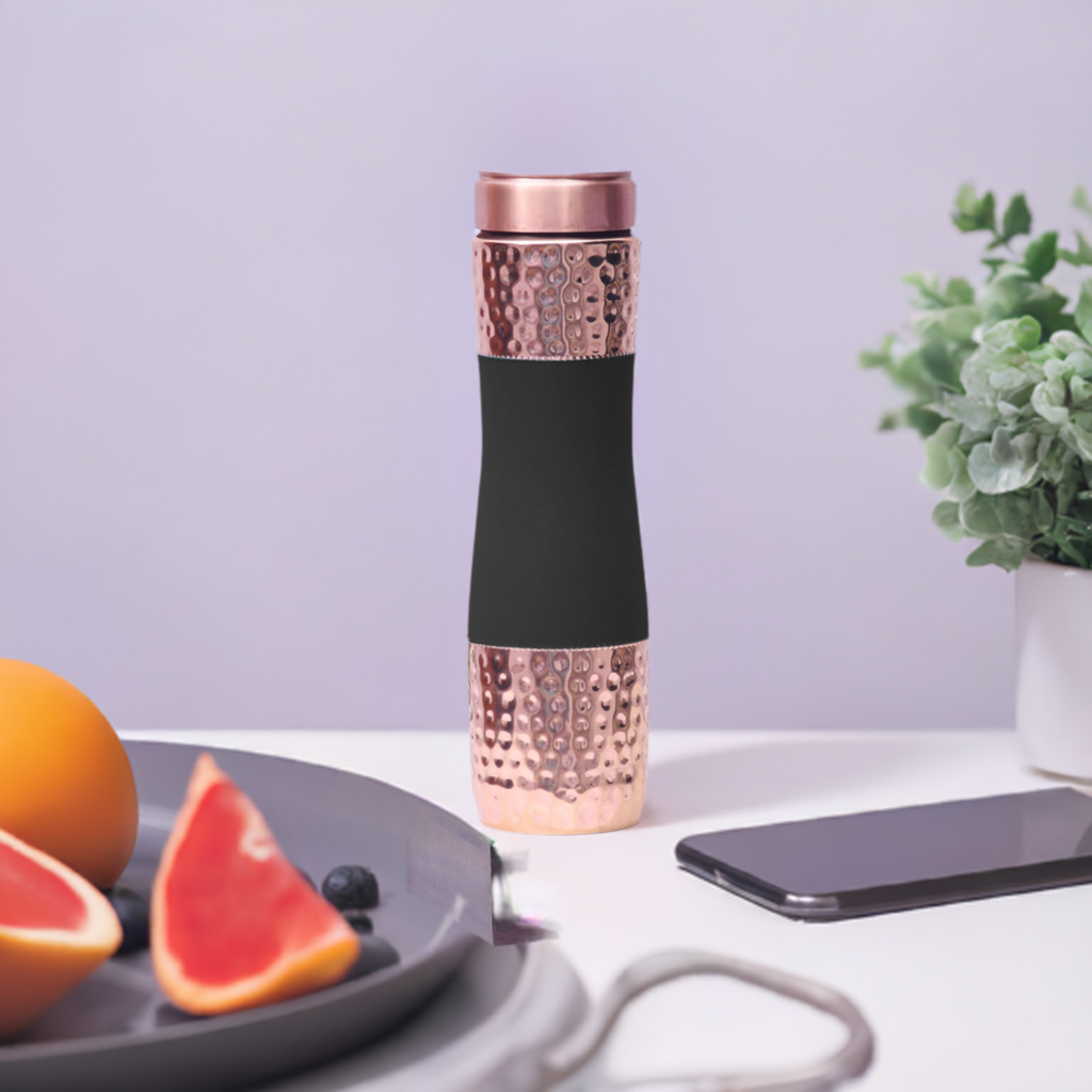 Pure Copper Water Bottle Silk Finish Half Hammered Design 1 Liter - Red | Yellow | Blue | Green | Black Multiple Colours