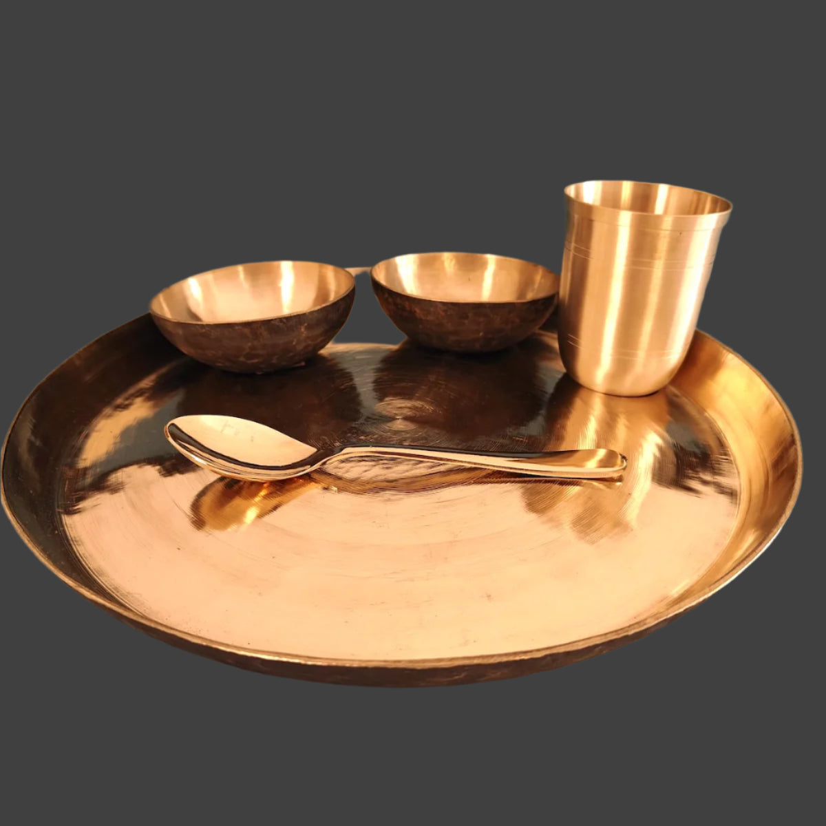 Kansa - Bronze Dinner Plate Set (Thali set: Plate, 2 katori, tumbler, 1 Spoon)