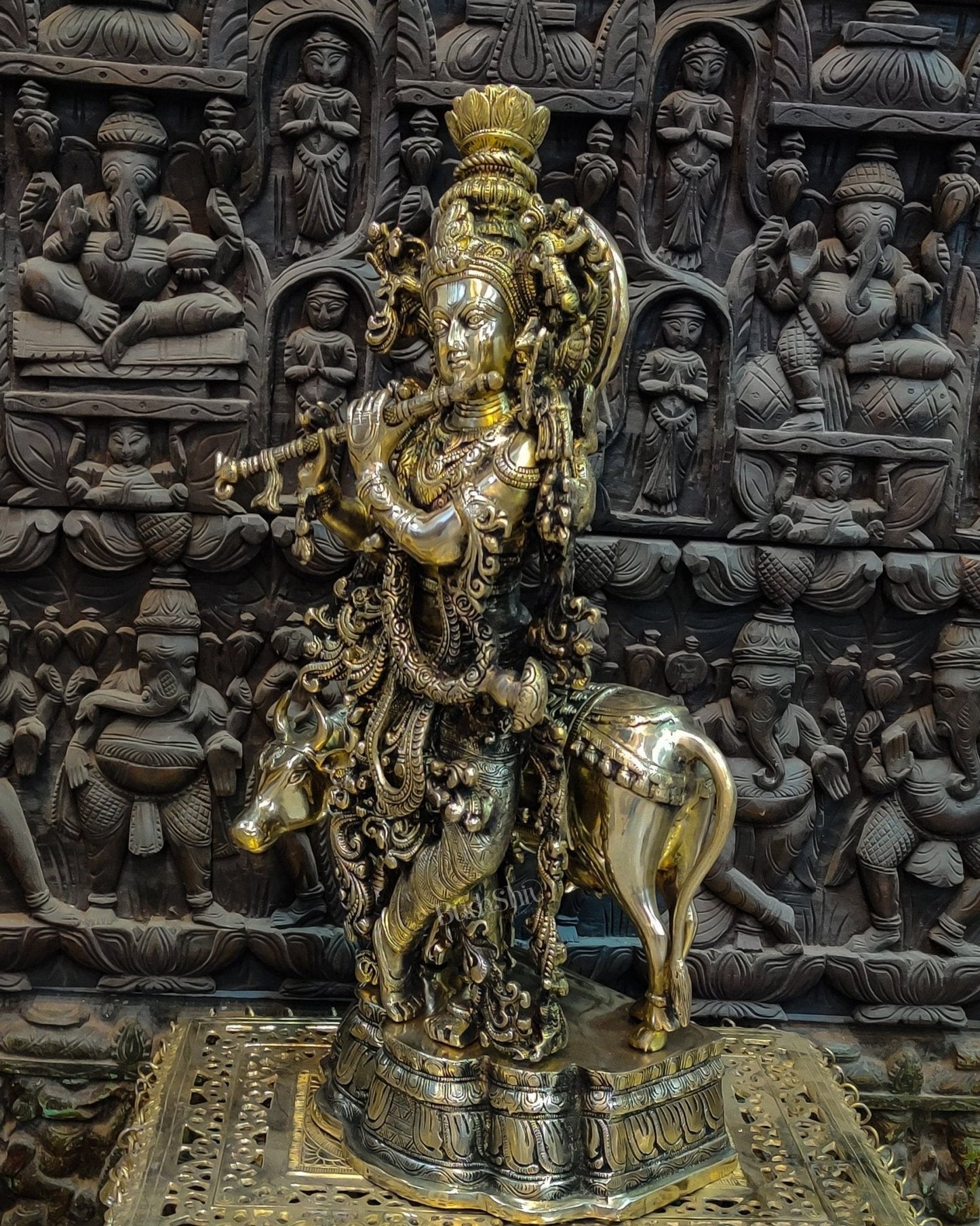 Sama Homes-krishna playing the flute with cow 27 inches brass idol golden finish