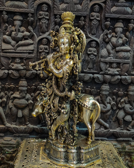 Sama Homes-krishna playing the flute with cow 27 inches brass idol golden finish