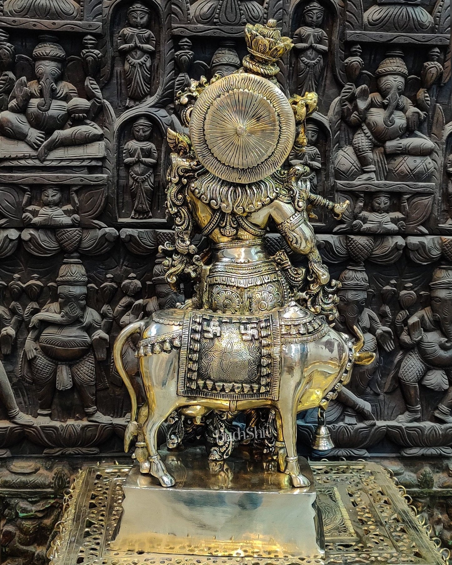 Sama Homes-krishna playing the flute with cow 27 inches brass idol golden finish