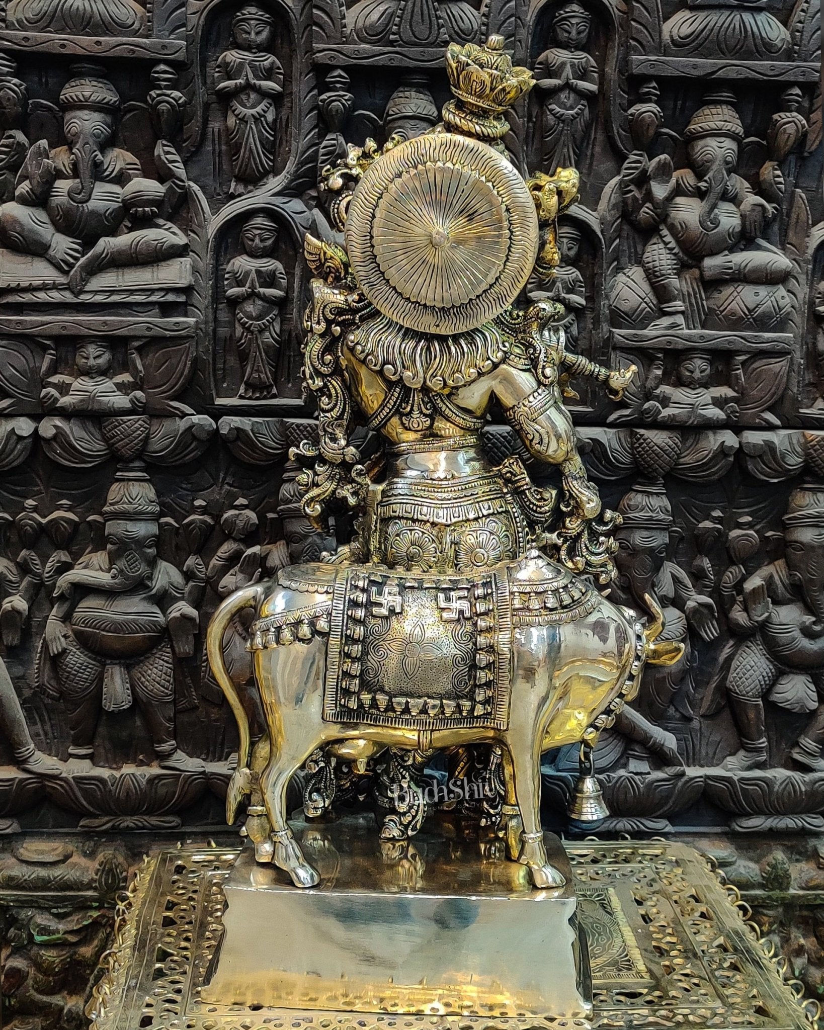 Sama Homes-krishna playing the flute with cow 27 inches brass idol golden finish
