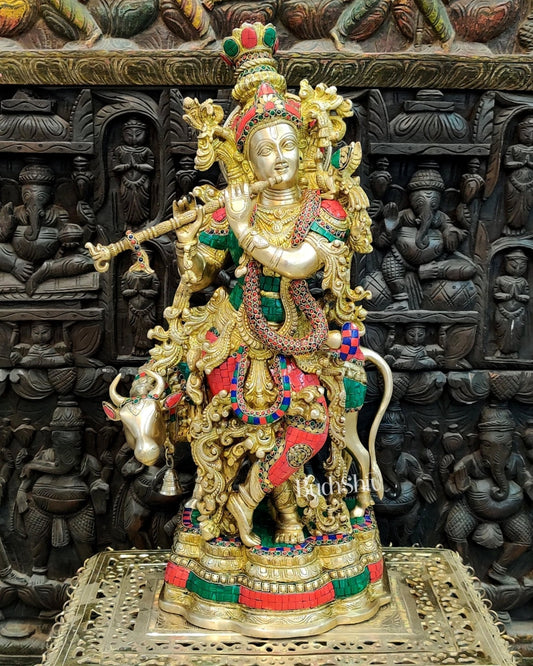 Sama Homes-krishna playing the flute with cow 27 inches brass idol ring and stonework 2
