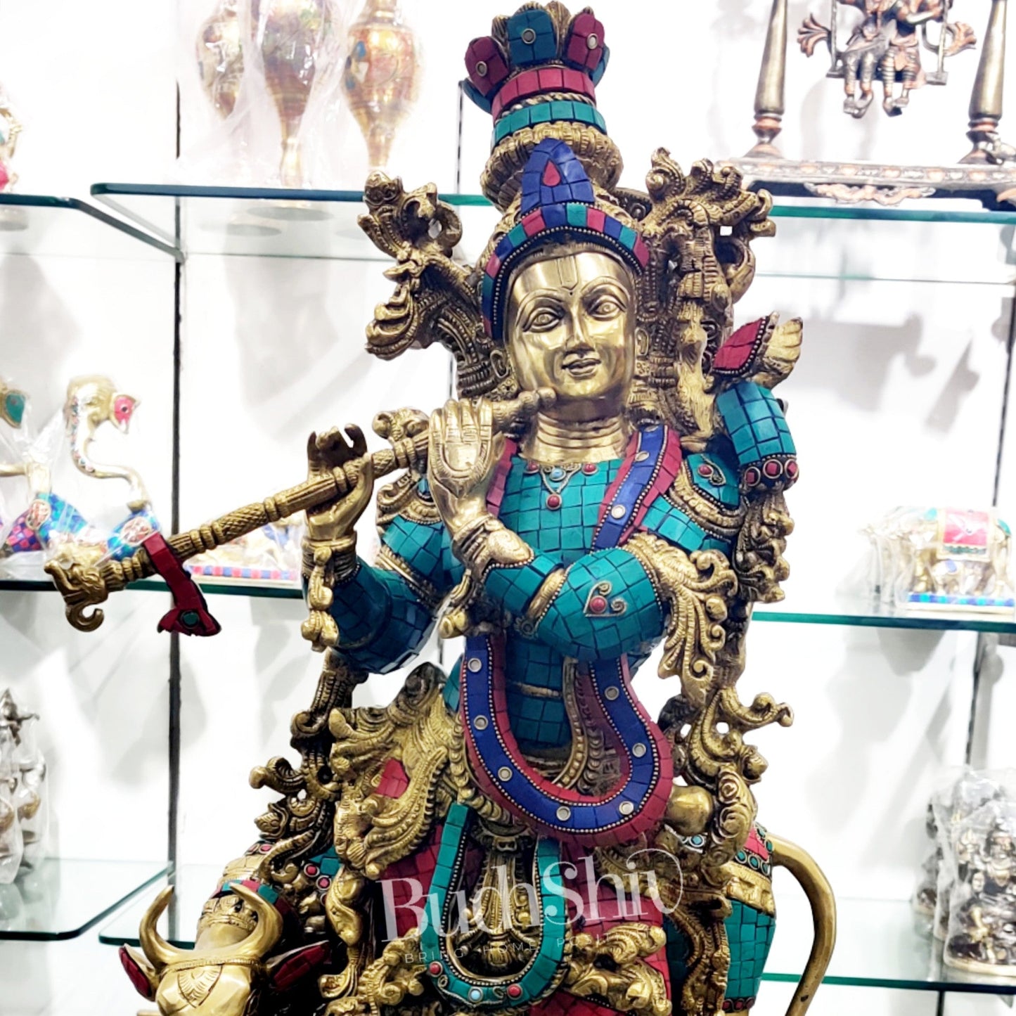 Sama Homes-krishna playing the flute with cow 27 inches brass idol with brass stonework
