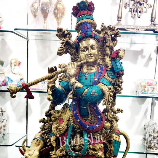 Sama Homes-krishna playing the flute with cow 27 inches brass idol with brass stonework