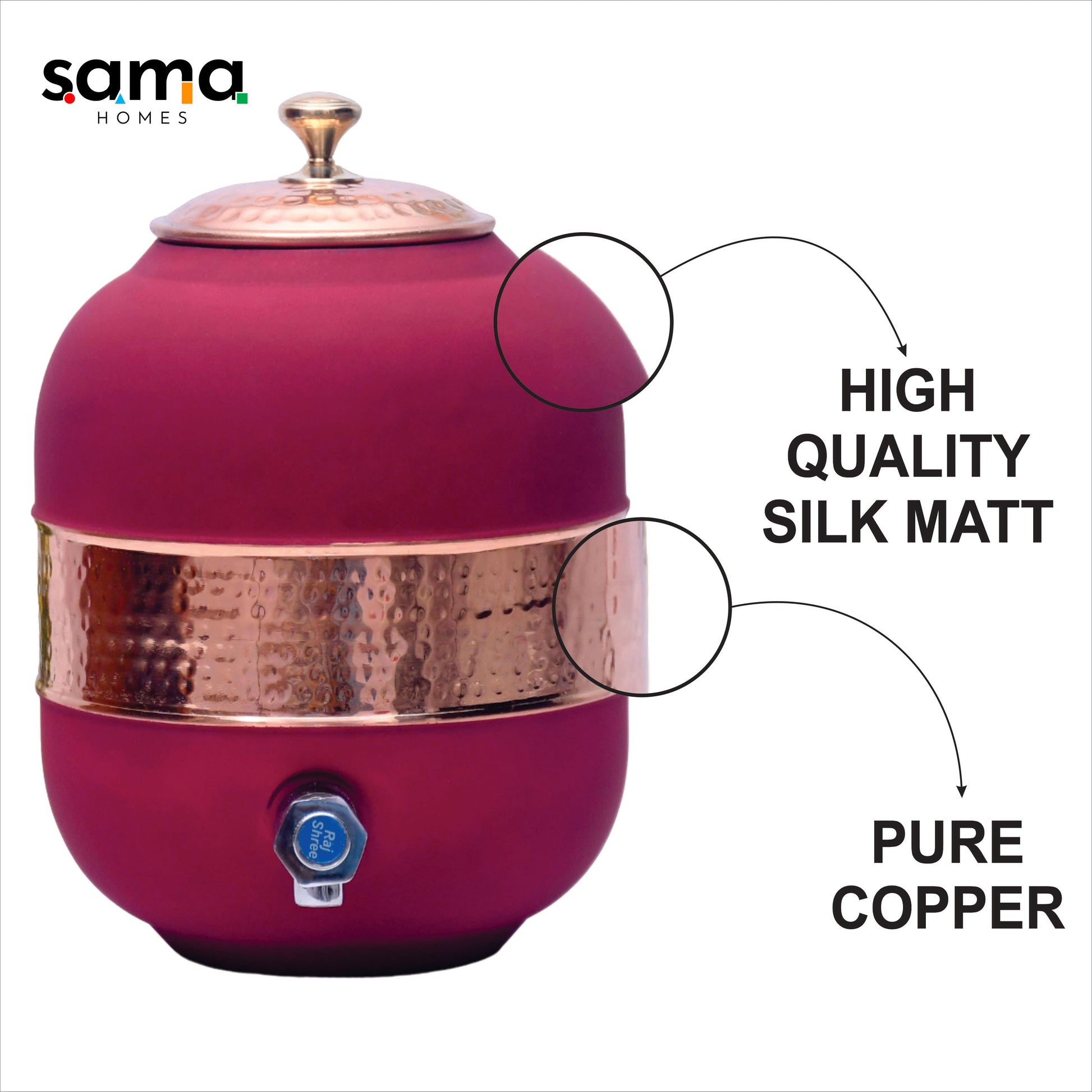 SAMA Homes - pure copper silk red cherry half hammered water dispenser matka capacity 5000ml