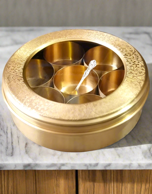 Brass Masala Box With Glass Cover Set for Kitchen with Spoon  | Spice Organiser