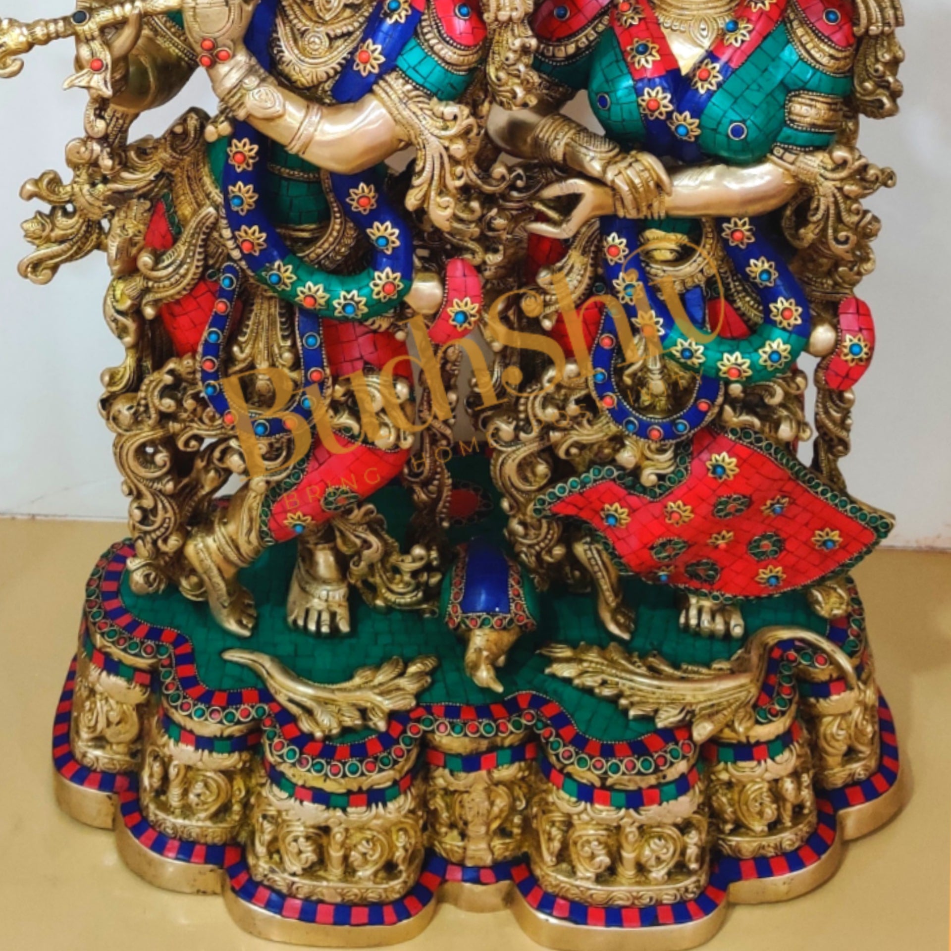 Sama Homes-radha krishna brass idols on same base 28 inches height with double layered meenakari stonework