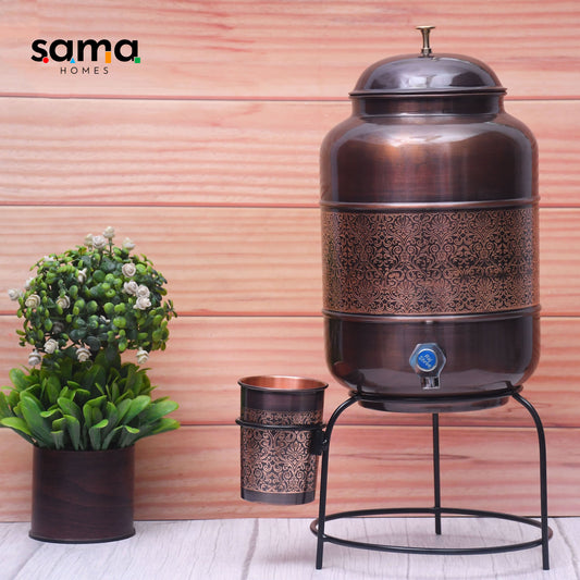 SAMA Homes - pure copper water dispenser with glass and stand antique engraved designed combo capacity 5000 ml