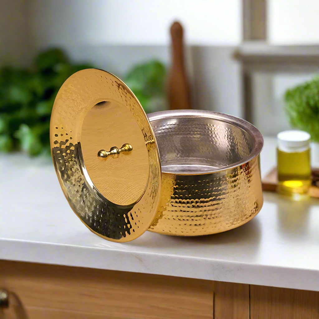 Small Heavy Brass Biryani Handi with Lid – 2L Traditional Cooking & Serving Pot | Tin-Coated | Handcrafted Cookware